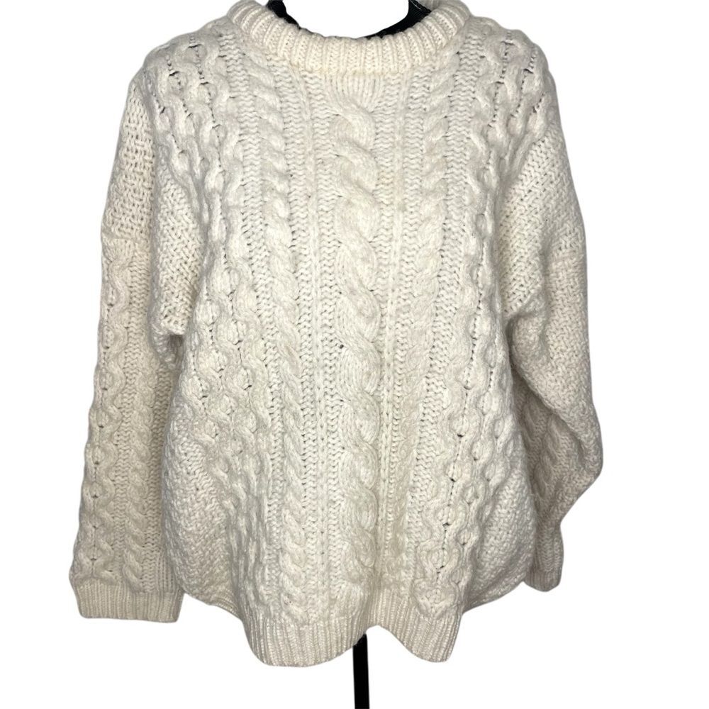 Shamrock Wool Sweater Fisherman Made in Ireland Cable Knit Ivory Size Large